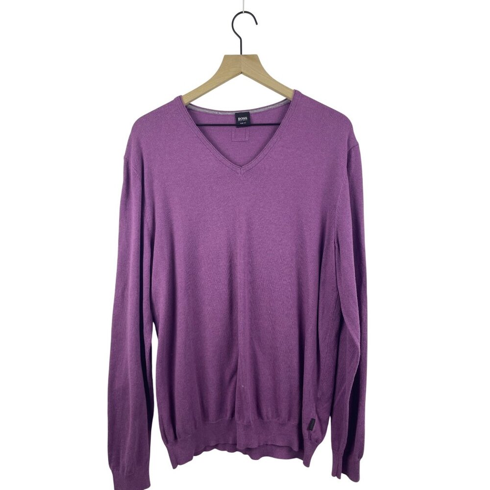 BOSS Hugo Boss Men's XL 100% Cotton V Neck Knit Pullover Sweater Jumper Purple